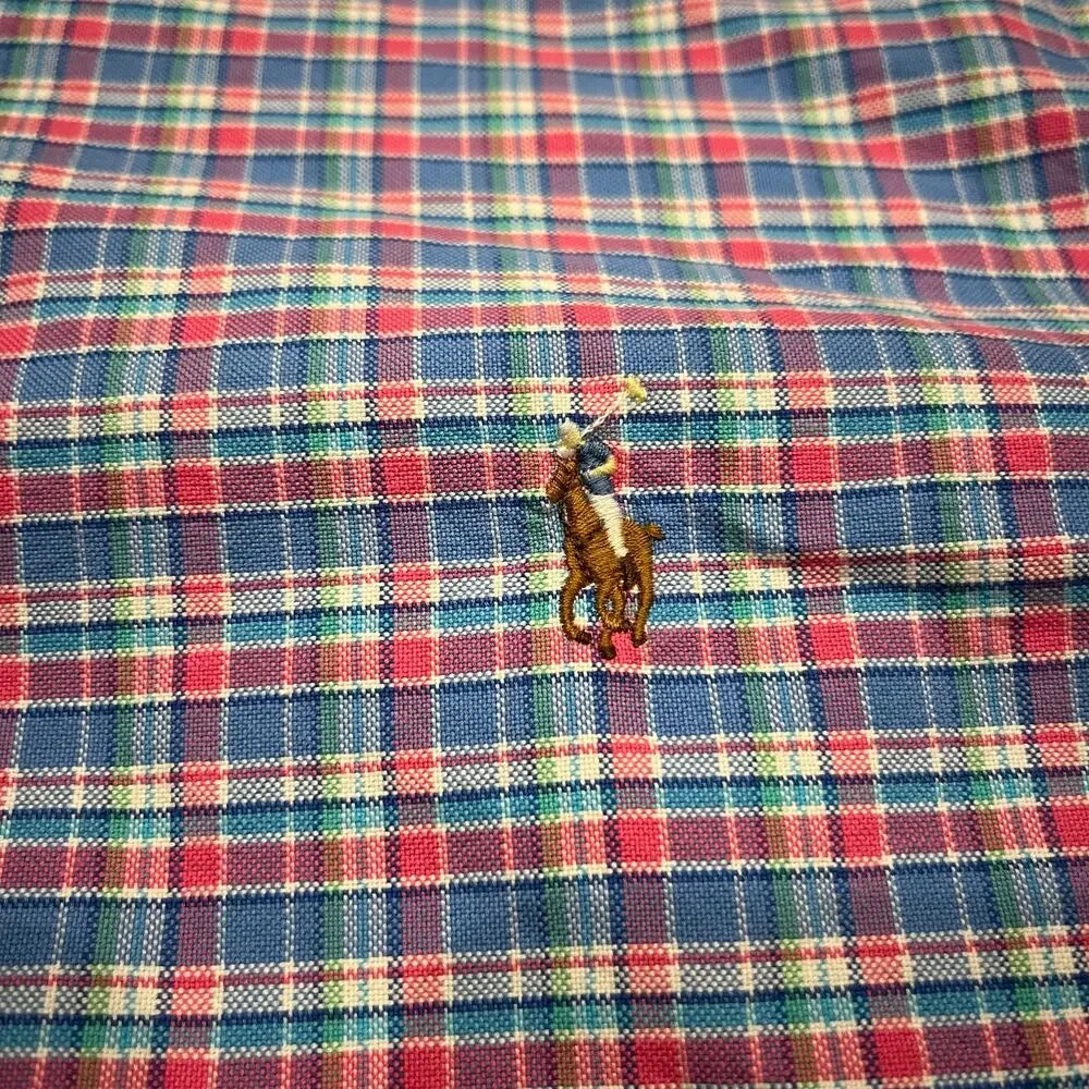 Ralph Lauren Men's Button Down Long Sleeve Shirt Sz L Plaid Flesh Pony Blue Pink